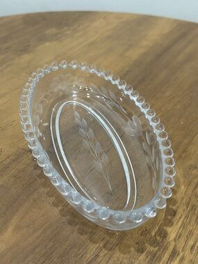 Clear Etched Glass Oval Dish with Beaded Rim